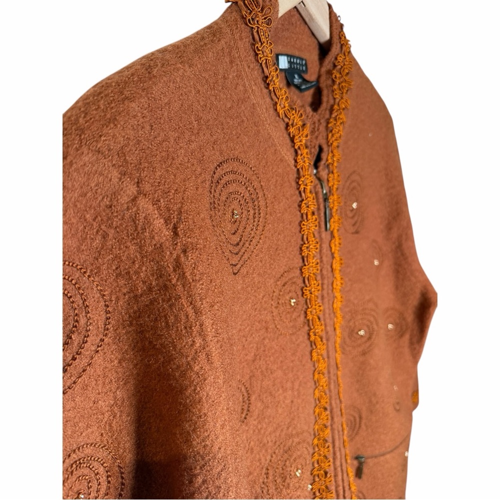 Boho Artisan 100% Wool Zip Jacket Embellished Bro… - image 4